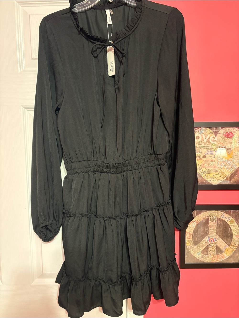 glam Black Ruffle-Tiered Long Sleeve Dress